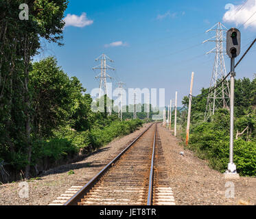 Eisenbahnschienen verschwinden in den Horizont in Amagansett NY Stockfoto