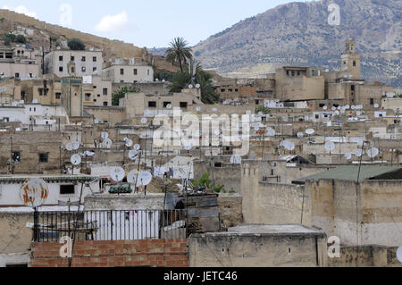 F Schlüsselweite, Old Town, Häuser, Dächer, Satelliten-Schüsseln, Marokko, Afrika, Stockfoto