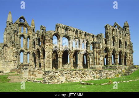 Großbritannien, England, North Yorkshire, Whitby, Whitby Abbey, Ruine, Europa, Ziel, Ort von Interesse, Tourismus, Gebäude, Struktur, Architektur, Kultur, Kloster, Kloster Ruine, Münster, Kirche, Heilige Bau, bleibt, Stockfoto