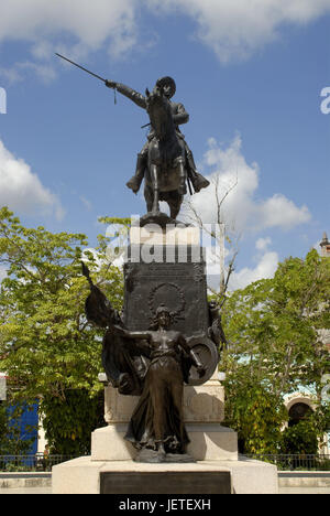 Cuba, Camagüey, Parque Agramonte, bluten Denkmal Ignacio Agramonte, der Karibik, Insel, Stadt, Quadrat, Denkmal, Reiterstandbild, Bronze Figuren, Erinnerung, Ort von Interesse, Reiseziel, Tourismus, Stockfoto