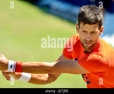 Novak Djokovic (Serbien) für die Praxis-Gerichte in Devonshire Park, Eastbourne, während des Turniers 2017 Aegon International Stockfoto