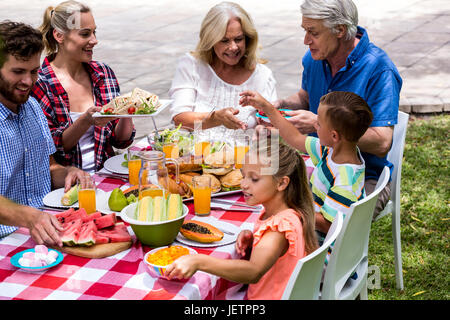 Glückliche Familie mit Mittagessen auf dem lawn Stockfoto