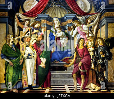 Jungfrau und Kind mit vier Engeln und sechs Heilige Pala di San Barnaba 1488 Sandro Botticelli (Alessandro di Mariano Filipepi) 1445-1510 Florenz italienische Maler Florentiner Schule Frührenaissance. Stockfoto