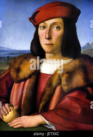 Porträt eines jungen Mannes mit einem Apfel (Francesco Maria della Rovere), gemalt von 1504. Raphael - Raffaello Sanzio da Urbino 1483 –1520 war ein italienischer Maler und Architekt der hohen Renaissance Italien Stockfoto