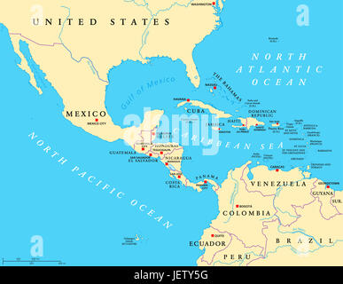 Mittelamerika politische Karte mit Hauptstädten und Grenzen. Mittleren Breiten von der Region Americas. Mexiko, Mittelamerika, der Karibik, Südamerika. Stockfoto