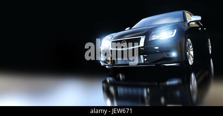 Moderne schwarze metallic Limousine im Rampenlicht, Banner Zusammensetzung. Generische desing, brandless. 3D-Rendering. Stockfoto