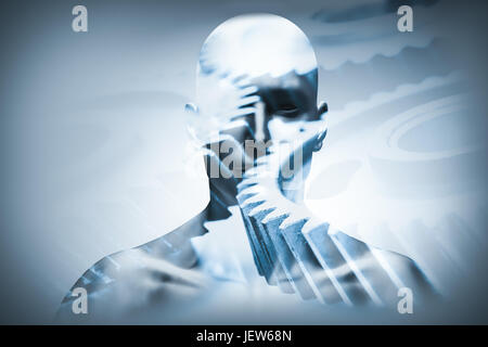Mann, Gesicht mit mechanischen Zahnrädern Overlay, Doppelbelichtung. Innovation und Kreativität-Konzept. 3D Illustration. Stockfoto