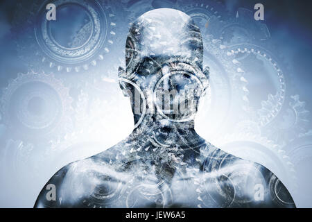 Mann, Gesicht mit mechanischen Zahnrädern Overlay, Doppelbelichtung. Innovation und Kreativität-Konzept. 3D Illustration. Stockfoto