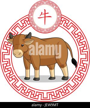 Tier, Chinesisch, Vieh, Tierkreis, Büffel, Cartoon, Vektor, Ochse, Kultur, Stock Vektor