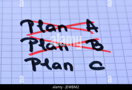 Plan A und plan B, Plan C auf Notebook Seite geschrieben durchstreichen Stockfoto