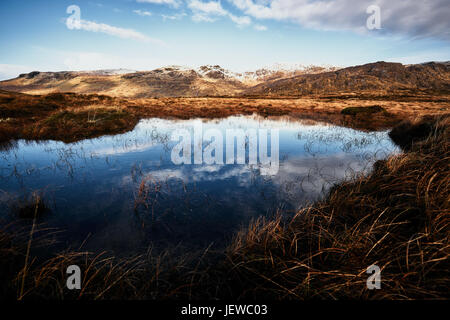 Panorama der Bluestack Mountains in Donegal Irland mit einem See in der Front im Winter mit Schnee bedeckt Stockfoto