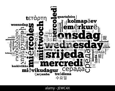 Wort Mittwoch in verschiedenen Sprachen Word Cloud-Konzept Stockfoto