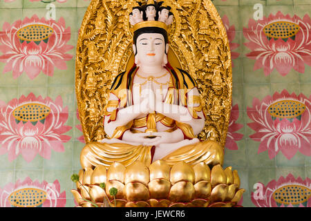 Goldene sitzenden Buddha und Lotus Wandfliesen befindet sich in der Pagode von zehn tausend Buddhas im Kek Lok Si Temple befindet sich in Air Itam, Penang, Malaysia. Stockfoto