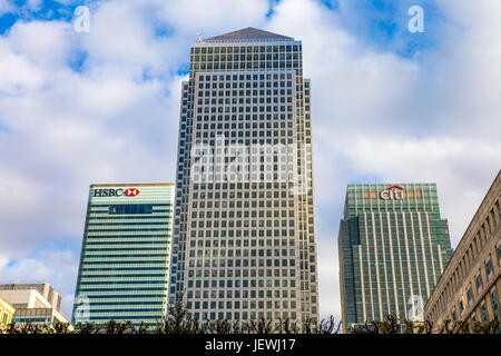 Türme der Canary Wharf - 8 Canada Square (HSBC), One Canada Square und 25 Canada Square (Citigroup), London, UK Stockfoto