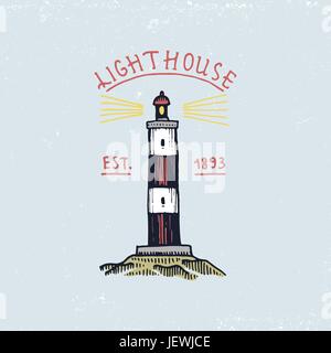 Reihe von gravierten Jahrgang, Hand gezeichnet, alte, Etiketten oder Abzeichen für atlantic Tidal Wave Leuchtturm. Marine und nautischen oder Meer, Ozean-Embleme. Stock Vektor