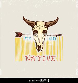 Satz von gravierten Jahrgang, hand gezeichnet, alt, Etiketten oder Abzeichen für indische oder Indianer. Büffelschädel. Stock Vektor