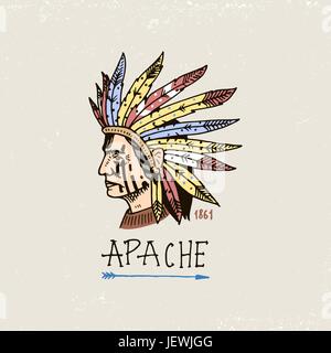 Satz von gravierten Jahrgang, hand gezeichnet, alt, Etiketten oder Abzeichen für indische oder Indianer. das Gesicht mit Federn, Comanche. Stock Vektor