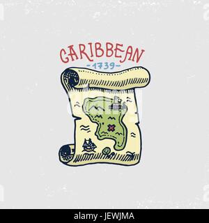 Reihe von gravierten, Hand gezeichnet, alt, Etiketten oder Abzeichen für Korsaren, Karte, Schatz, Karibik-Insel. Piraten, marine und nautischen oder Meer, Ozean-Emblem. Stock Vektor