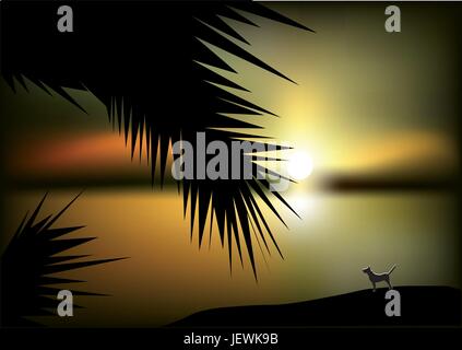 Reisen, Baum, Horizont, Sonnenuntergang, Strand, Meer, Strand, Meer, Sommer, Stock Vektor