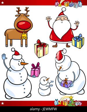 Illustration, Weihnachten, Schneemann, Rentier, Satz, Cartoon, Xmas, x-mas, lachen, Stock Vektor