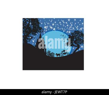 Turm, Baum, Bäume, Pferd, Verkehr, Transport, Nacht, Nacht, Wolke, Stock Vektor