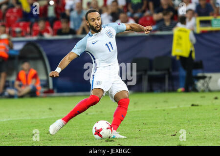 27. Juni 2017, Tychy, Polen, europäischen UEFA-U21-Fußball-Europameisterschaft, England gegen Deutschland, Halbfinale;  Nathan Redmond (ENG) dauert aber verfehlt seine Überstunden Strafe Stockfoto