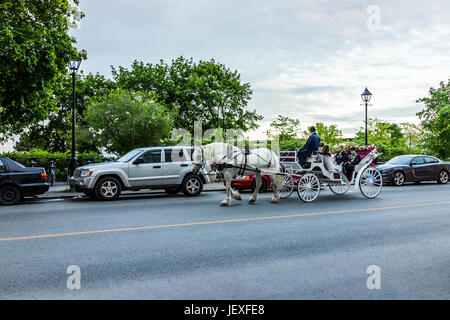 Montreal, Kanada - 27. Mai 2017: Altstadt mit Reiseleiter unterwegs im Pferd Wagen Buggy in der Nacht Straße Abend außerhalb in Quebec Region cit Stockfoto