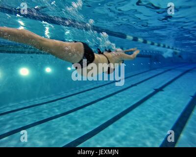 Eine 37 Wochen schwanger Frau schwimmt Runden im Innenpool. Stockfoto