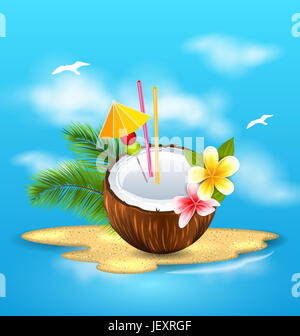 Abbildung exotische Kokos-Cocktail mit Frangipani und Palm verlässt. Sommer Hintergrund- Stockfoto