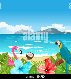 Abbildung exotischen Tapete mit Papagei Ara, rosa Flamingo, tropische Blumen, Palmblättern, Hibiscus, Kokosnuss, Strand, Meer- Stockfoto