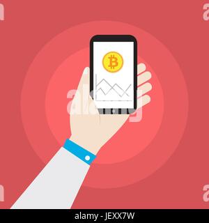 Hand mit Smartphone mit Bitcoin Symbol Vektor Abbildung Stock Vektor
