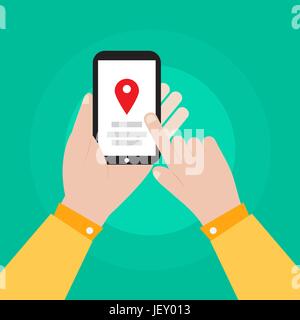 Hand mit Smartphone mit Navigation-Symbol-Vektor-illustration Stock Vektor