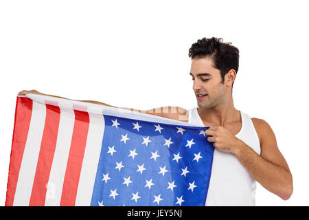 Athlet posiert mit amerikanische Flagge Stockfoto