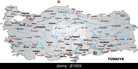 Karte der Türkei als eine Übersichtskarte in grau Stock Vektor