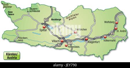 Karte von Kärnten Verkehrsnetz in Pastellgrün Stock Vektor