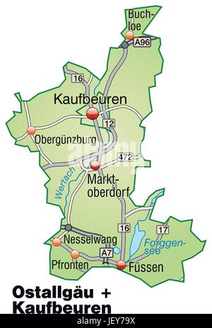 Karte von OSTALLGÄU - Kaufbeuren mit Verkehrsnetz in Pastellgrün Stock Vektor