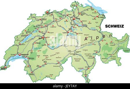 Karte der Schweiz mit Verkehrsnetz in Pastellgrün Stock Vektor