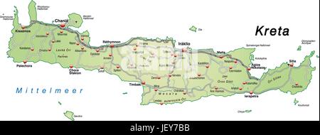 Karte von Kreta mit Verkehrsnetz in Pastellgrün Stock Vektor