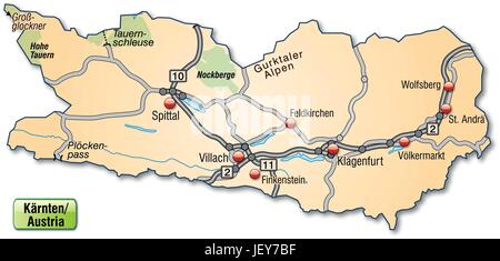 Karte von Kärnten mit Verkehrsnetz in Pastell orange Stock Vektor