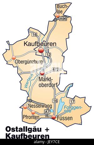 Karte von Ostallgaeu-Kaufbeuren mit Verkehrsnetz in Pastell orange Stock Vektor