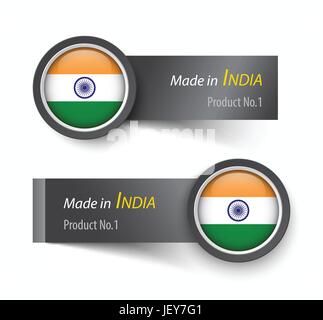 Flaggen-Symbol und Beschriftung mit Text made in Indien. Stock Vektor