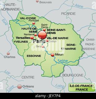 Karte von Ile de France mit Grenzen in Pastellgrün Stock Vektor