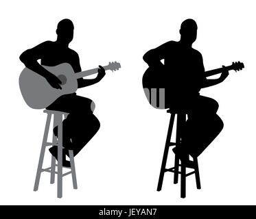Guitarre Spieler sitzen auf einem Hocker akustische Gitarre spielen Stock Vektor