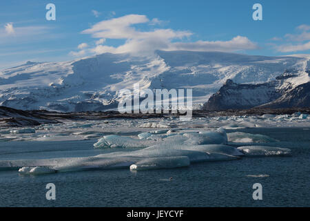 Ansicht des isländischen Vatnajökull-Gletschers und Jökulsárlón Lagune, wo Stücke von Türkis Schwimmer Eis nach Abbruch der Gletscher und Dichtungen Lounge. Stockfoto