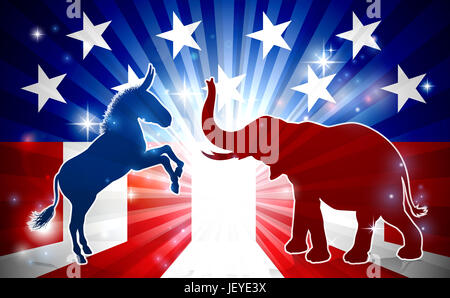 Ein Elefant und Esel in der Silhouette vor sich mit einer amerikanischen Flagge im Hintergrund Demokraten und Republikaner politische Maskottchen Tiere Stockfoto