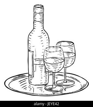 Eine Flasche Wein und zwei Gläser auf ein Tablett Hand Unentschieden in einem Retro-Vintage Holzschnitt graviert oder geätzt Stil. Stockfoto
