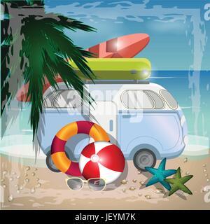 Sommer-Strand-Vektor-Konzept mit Retro-Bus am Strand Stock Vektor