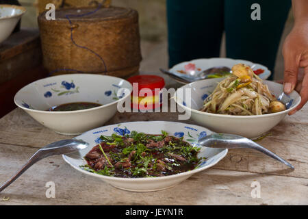 Sok Lek, rohes Rindfleisch und Ente Blut im Nordosten oder Isaan lokale Gerichte in Thailand und Laos Stockfoto