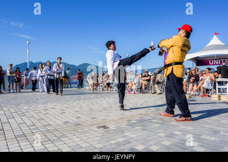 Tae Kwon Do Gruppe Vorführung in Kanada 150 Multi-Cultural Tag Ereignis, Vancouver, British Columbia, Kanada. Stockfoto