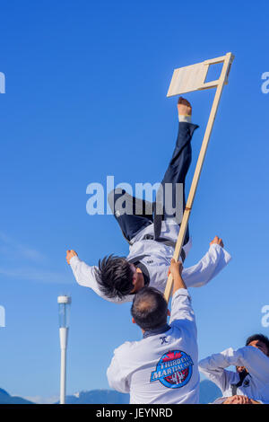 Tae Kwon Do Gruppe High Kick und brechen Holzplanken in Kanada 150 Multi-Cultural Tag Ereignis, Vancouver, British Columbia, Kanada. Stockfoto